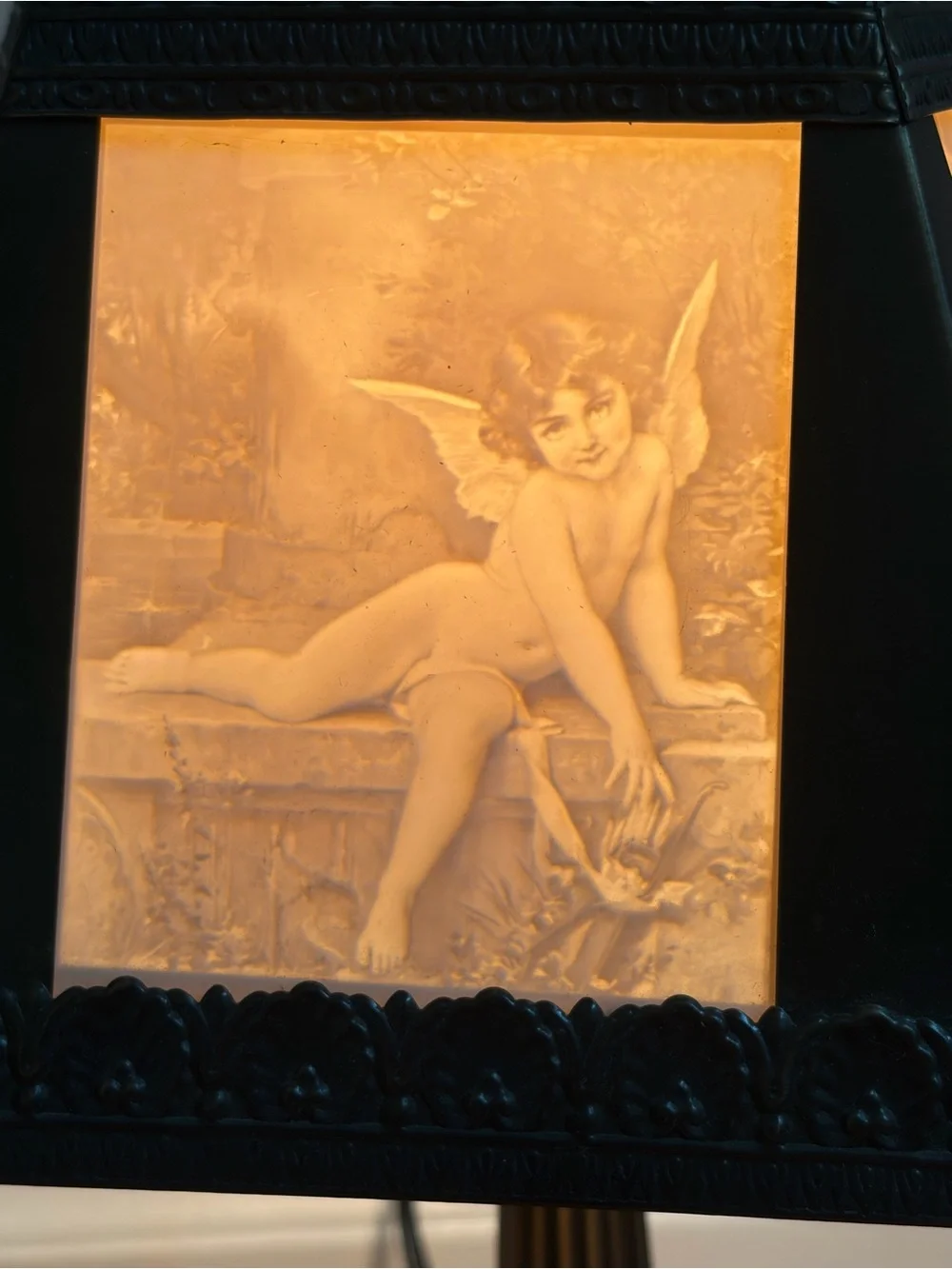 Vintage Lithophane Panel Table Lamp Cherub Angel Art Nouveau Victorian Revival